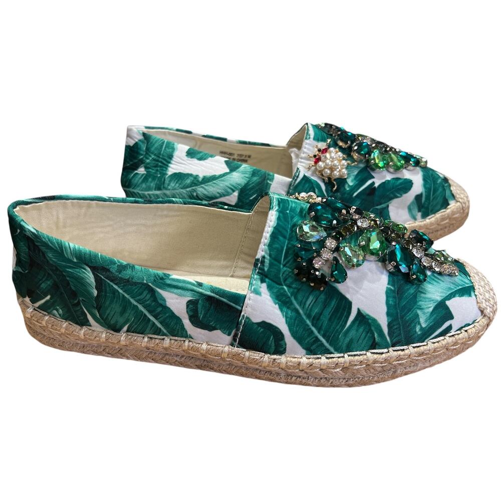 Chinese Laundry Slip On Espadrille Flats Size 7 Green White Resort Tropical Tiki